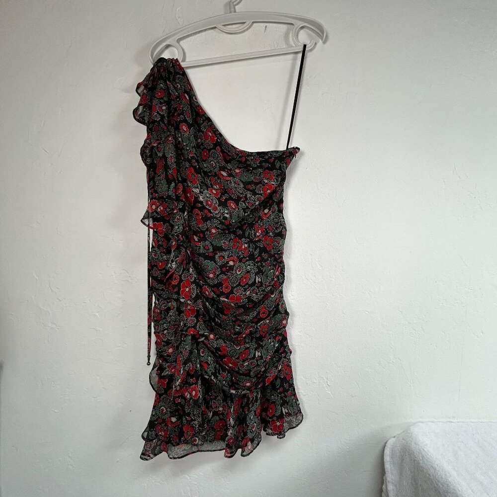 Veronica Beard Womens Floral Silk One-Shoulder Ruffled Dress Sz 8 Black New $495